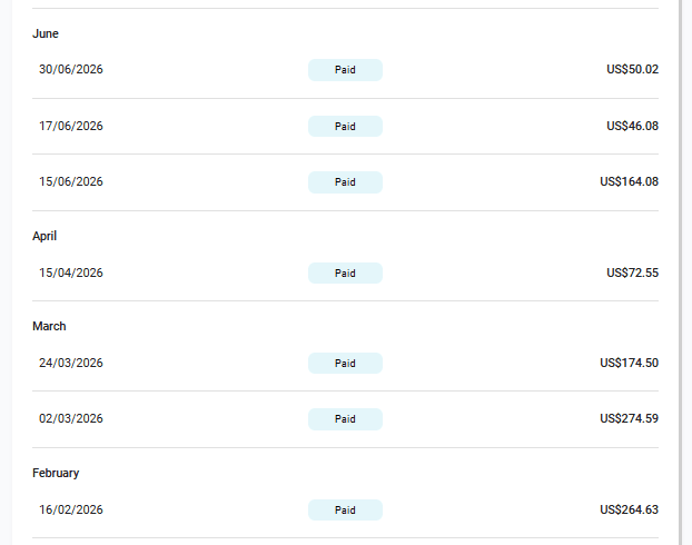 Paid payout history from digital products and services