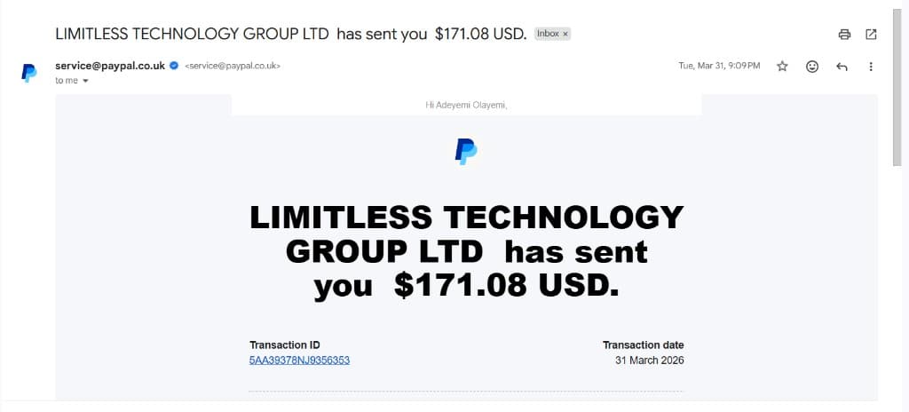 PayPal receipt: $171.08 USD received 31 March 2026