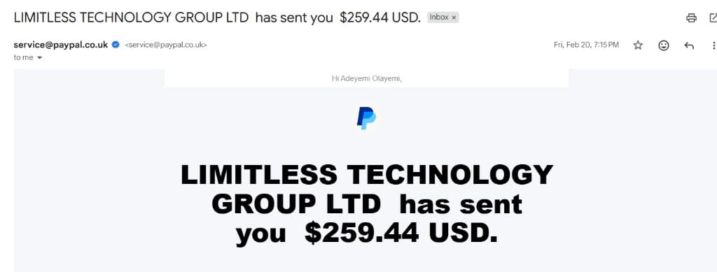 PayPal receipt: $259.44 USD received 20 February 2026