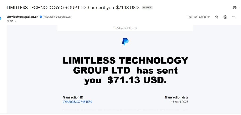 PayPal receipt: $71.13 USD received 16 April 2026