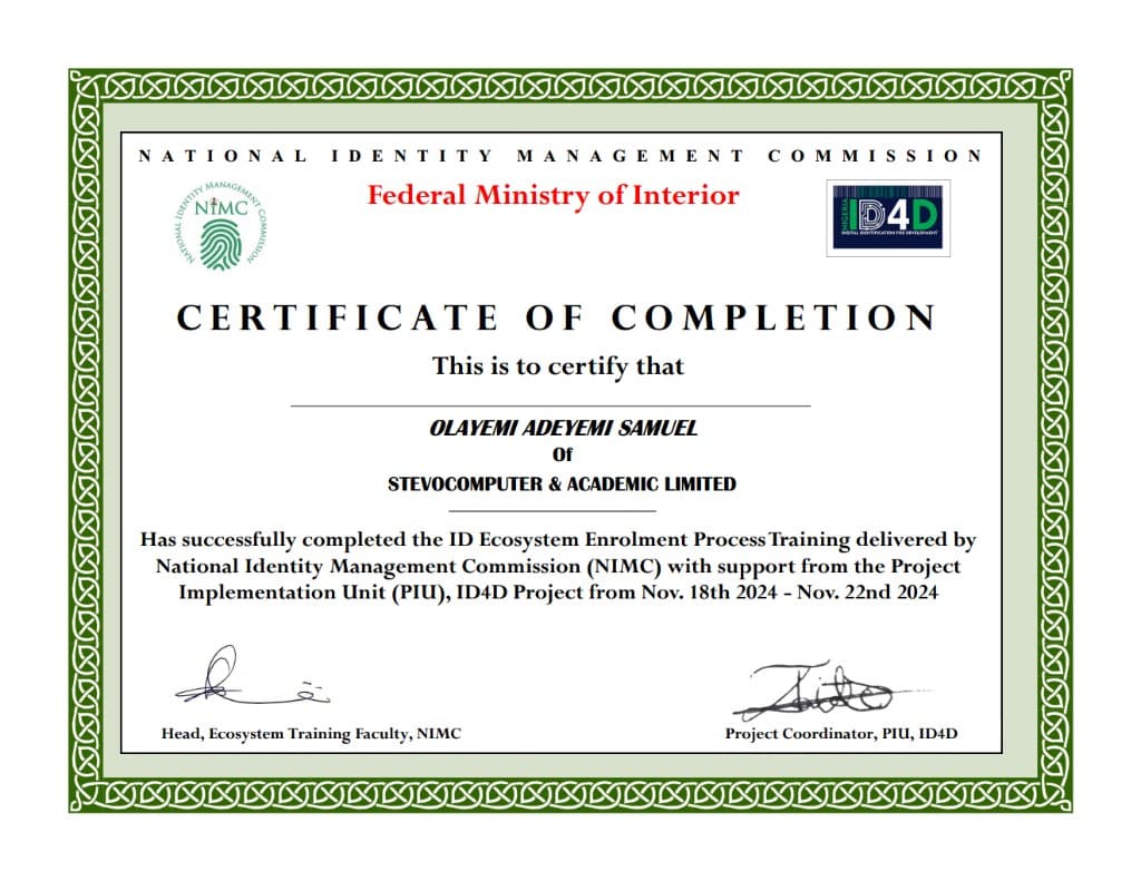 NIMC Certificate of Completion for Olayemi Adeyemi Samuel — ID Ecosystem Enrolment Process Training
