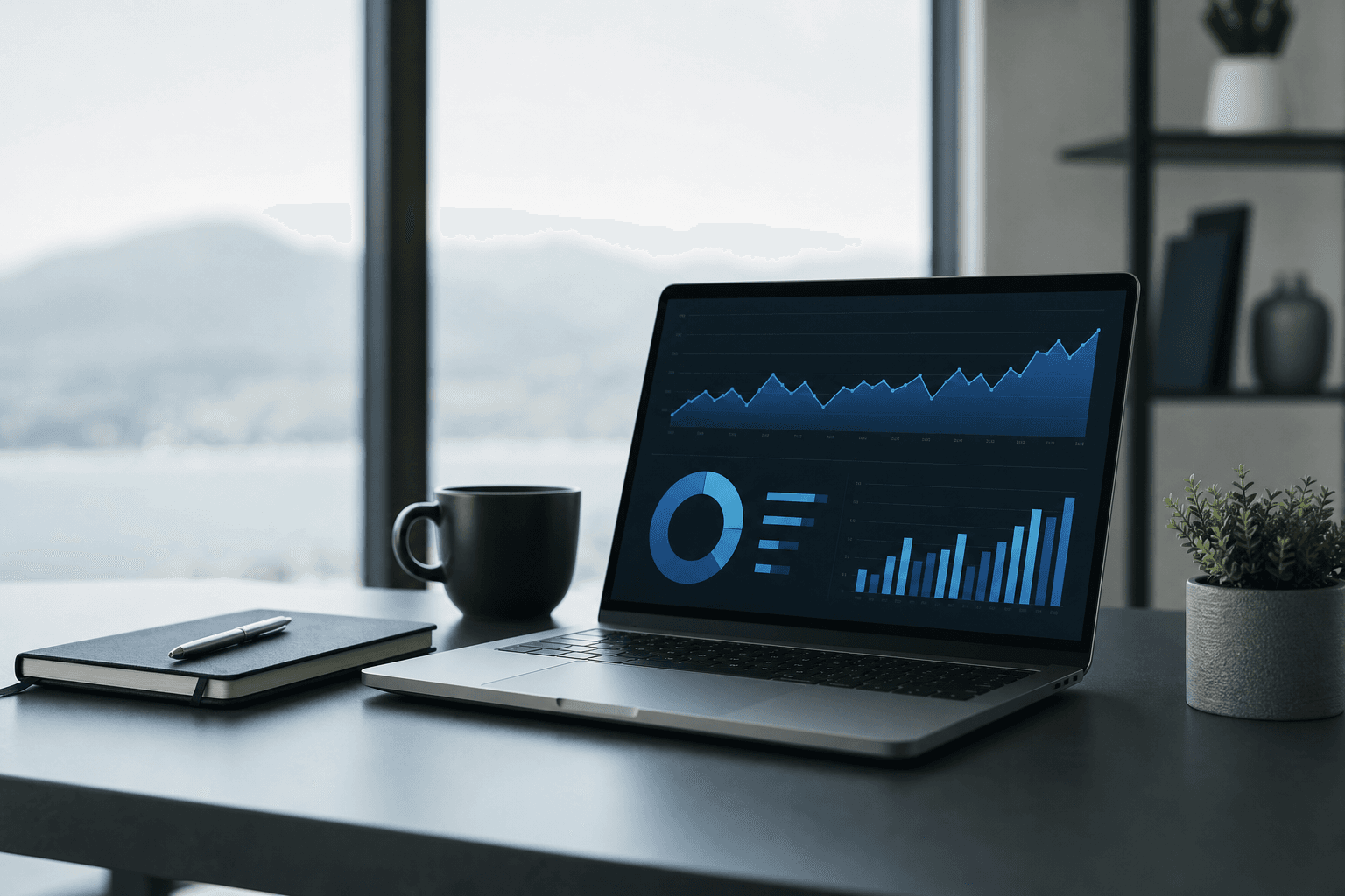 Desk setup with search analytics visible on a laptop screen