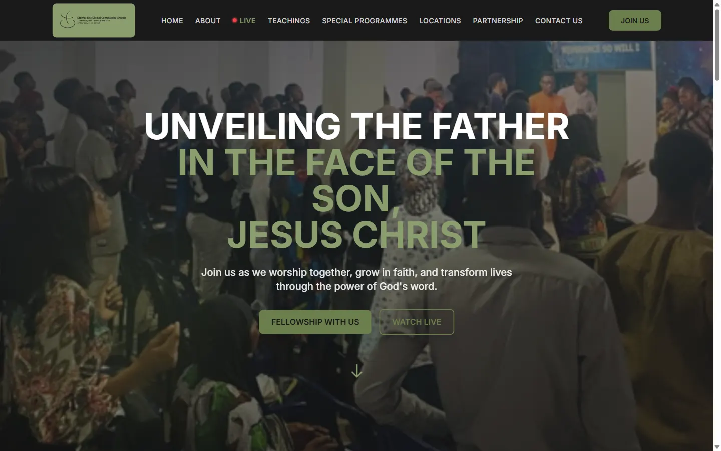 Desktop homepage of Eternal Life Global Community Church website built by Triumphant Tech