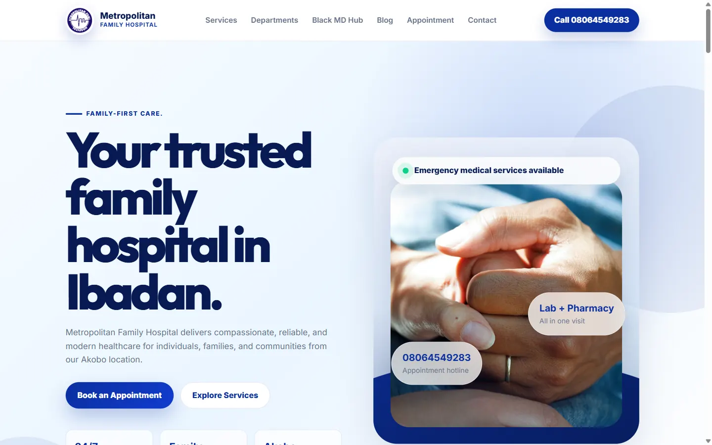 Desktop homepage of Metropolitan Family Hospital website built by Triumphant Tech