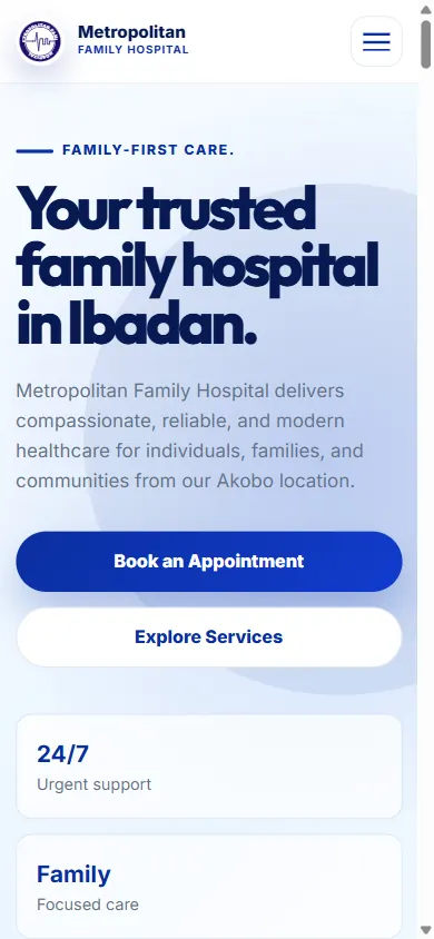 Mobile homepage of Metropolitan Family Hospital website built by Triumphant Tech