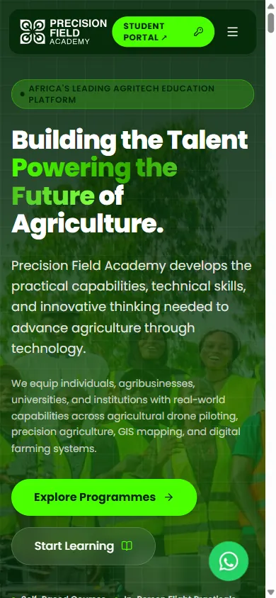 Mobile homepage of Precision Field Academy website built by Triumphant Tech