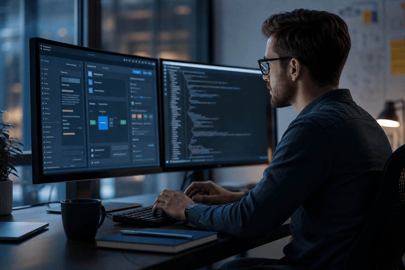 Software engineering workspace with dual monitors and cool ambient light