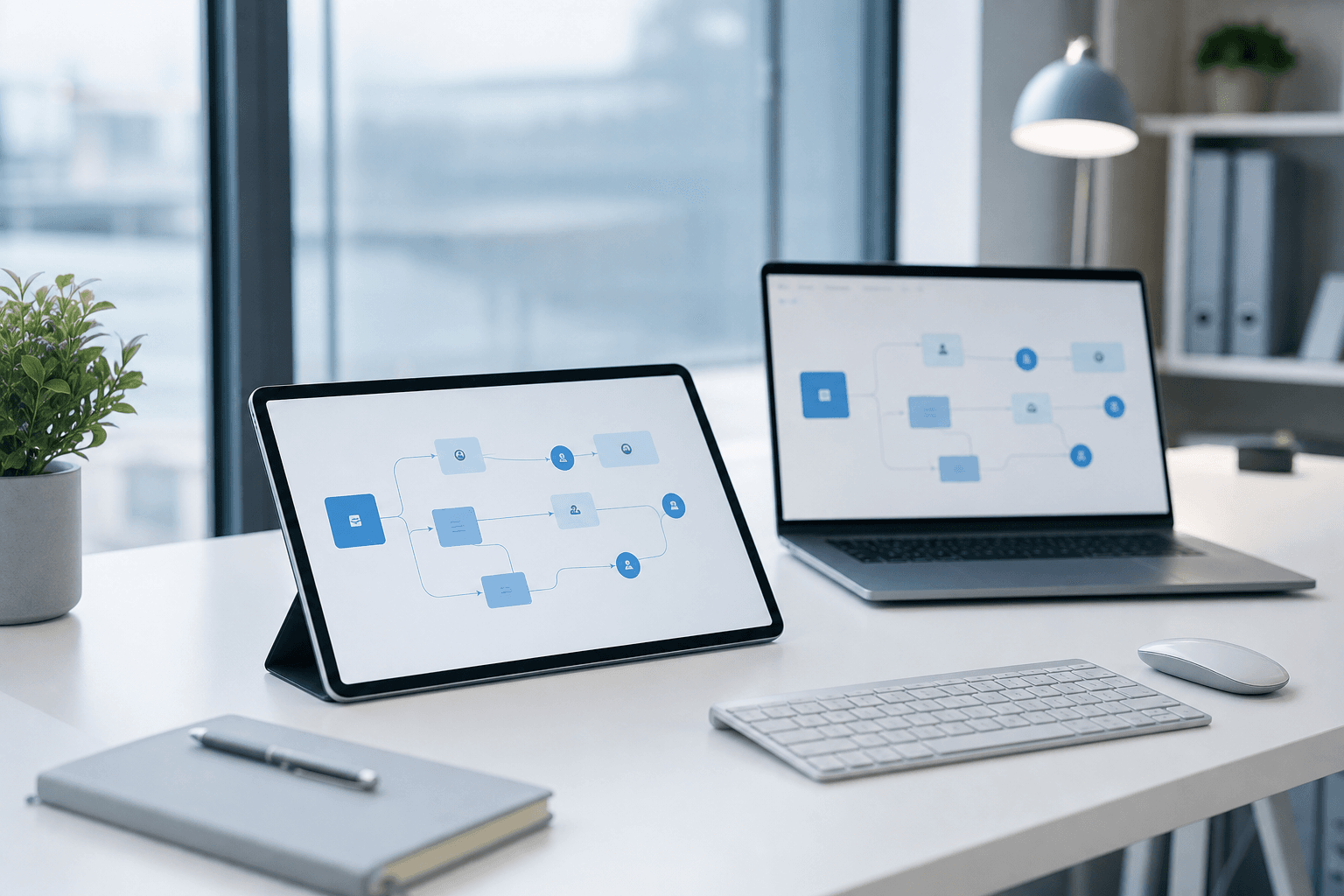 Operations desk with devices showing connected workflow diagrams