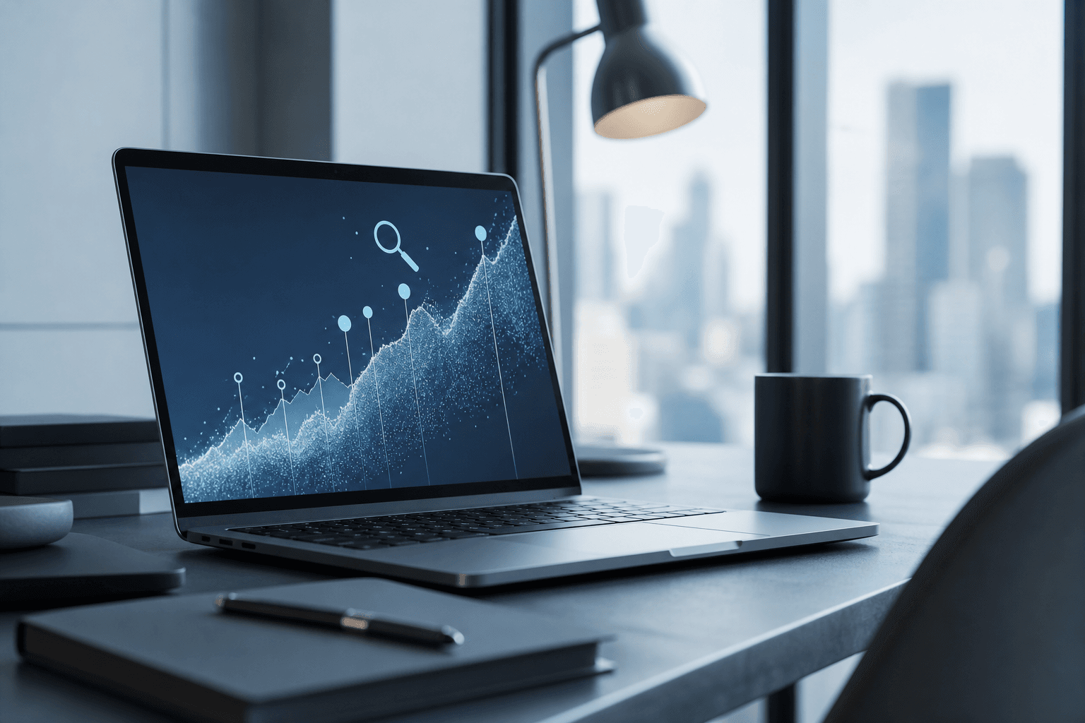 Laptop on a desk showing abstract search analytics in soft blue light
